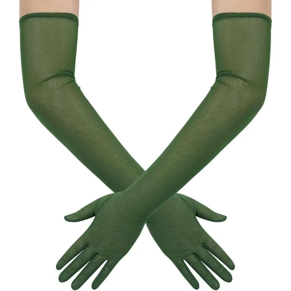 Women's Tulle Dark Green Long Stretchy Gloves Halloween Party Wedding Costume